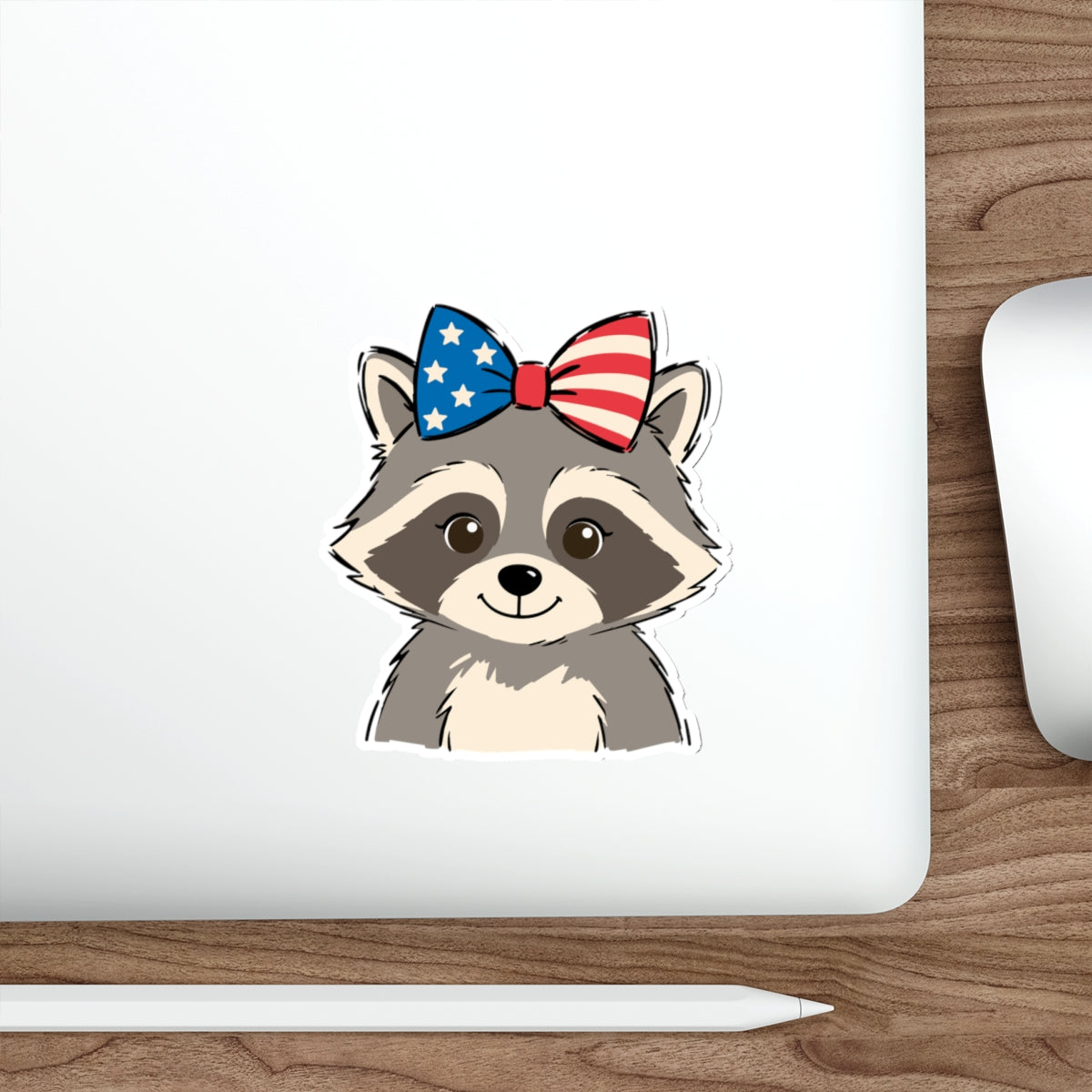 Patriotic Raccoon Die-Cut Sticker — Cute USA Flag Bow Decal for Laptops, Water Bottles & Notebooks