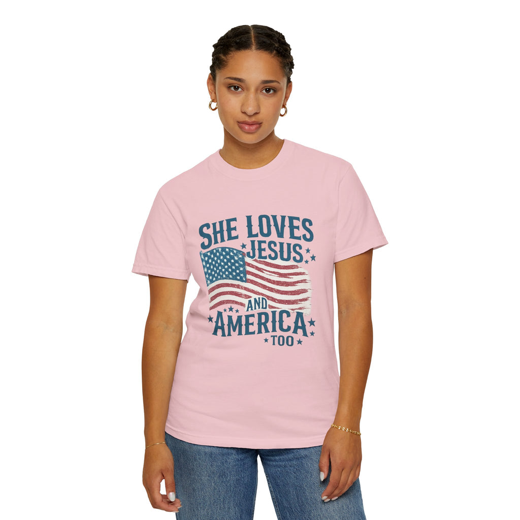 She Loves Jesus and America T-Shirt — Patriotic Christian Flag Tee