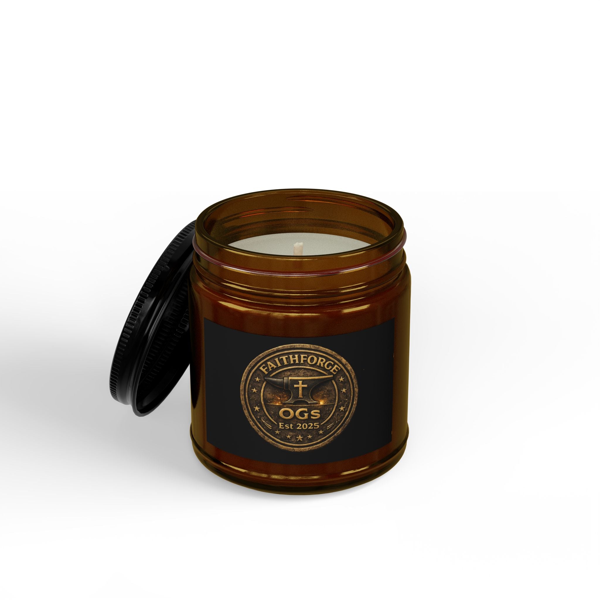 FaithForge Gaming Scented Soy Candle — Amber Jar with Black Lid (4oz & 9oz)