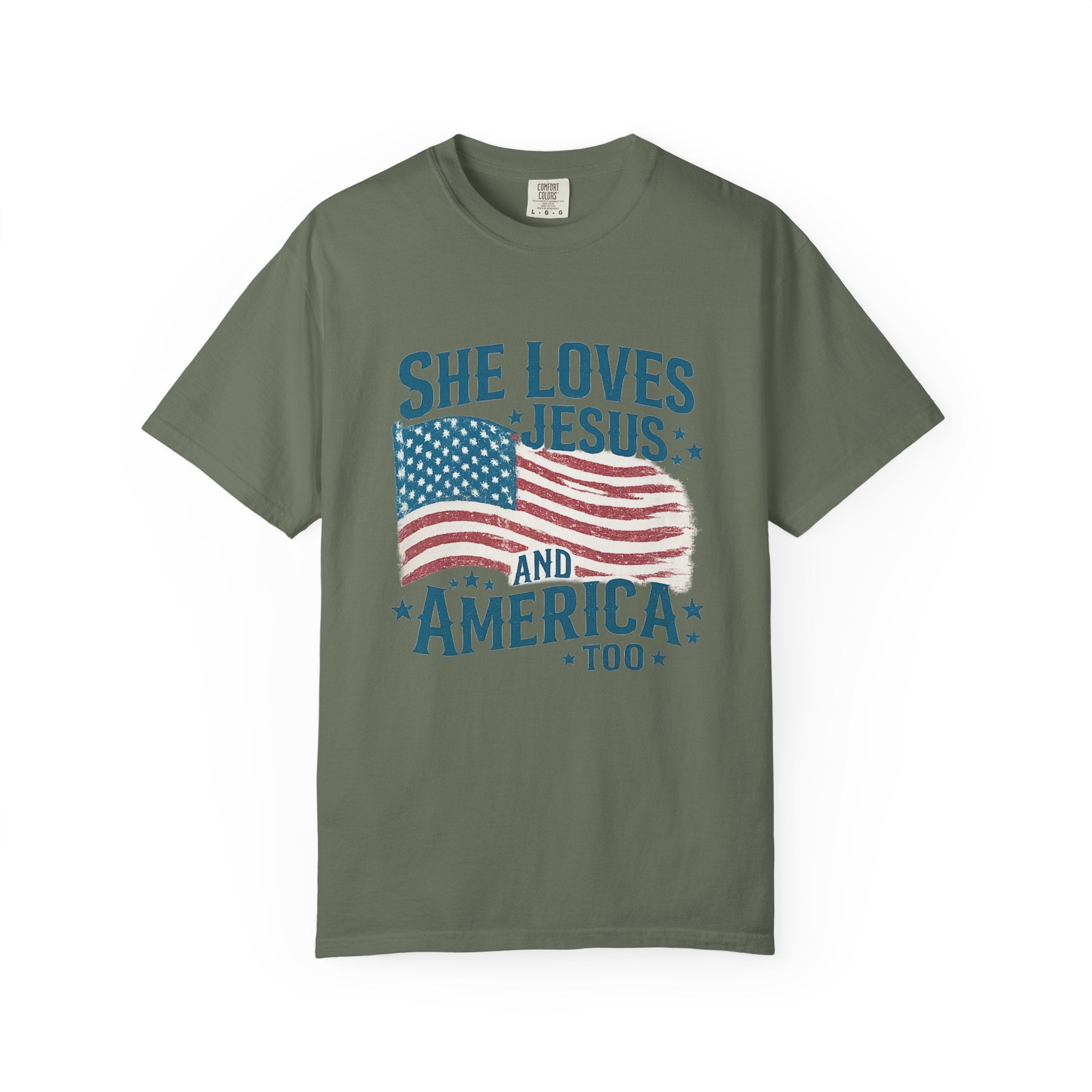 She Loves Jesus and America T-Shirt — Patriotic Christian Flag Tee
