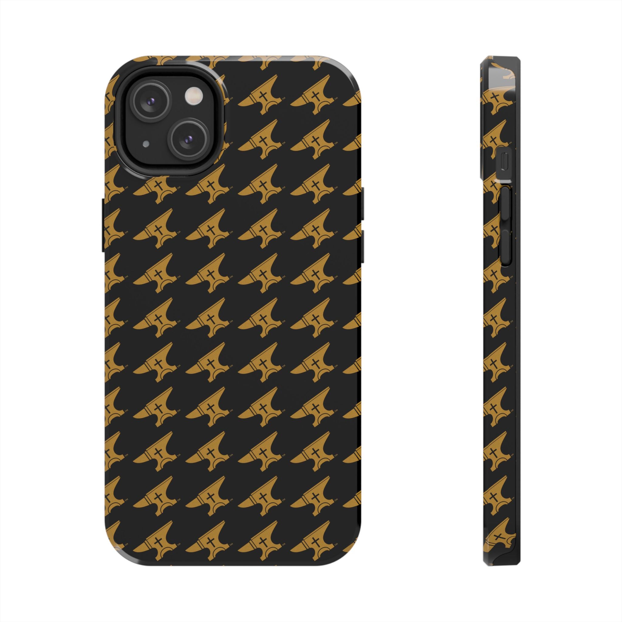 Gold Anvil Pattern Tough Phone Case — Durable Black & Metallic Repeat Design