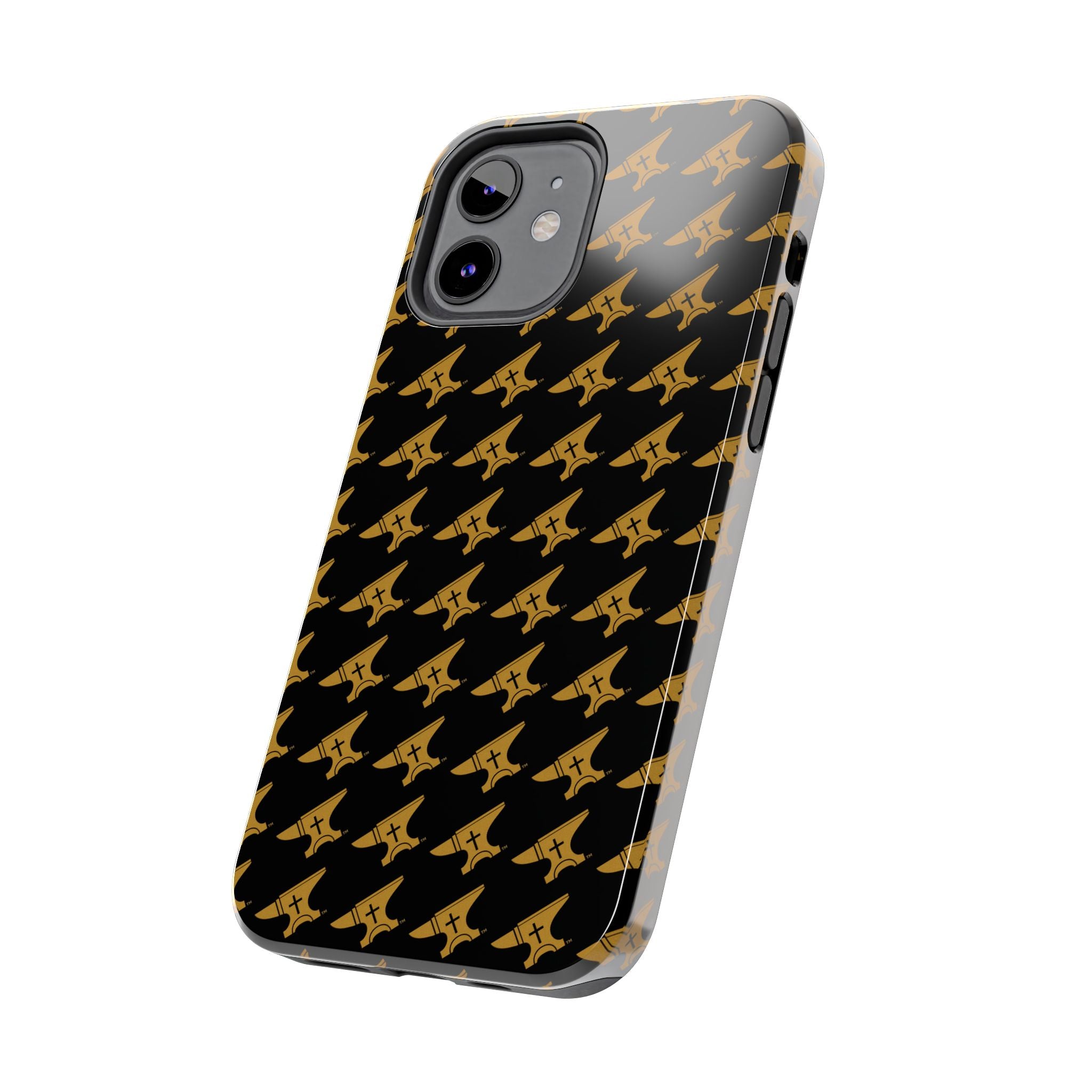 Gold Anvil Pattern Tough Phone Case — Durable Black & Metallic Repeat Design