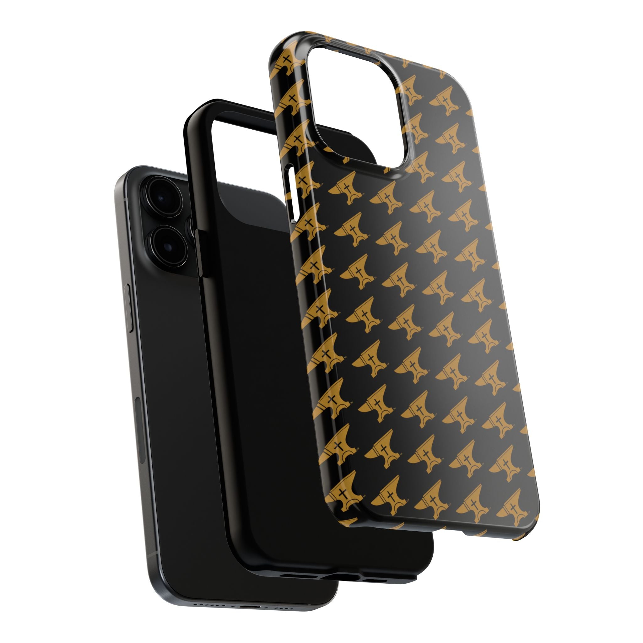 Gold Anvil Pattern Tough Phone Case — Durable Black & Metallic Repeat Design