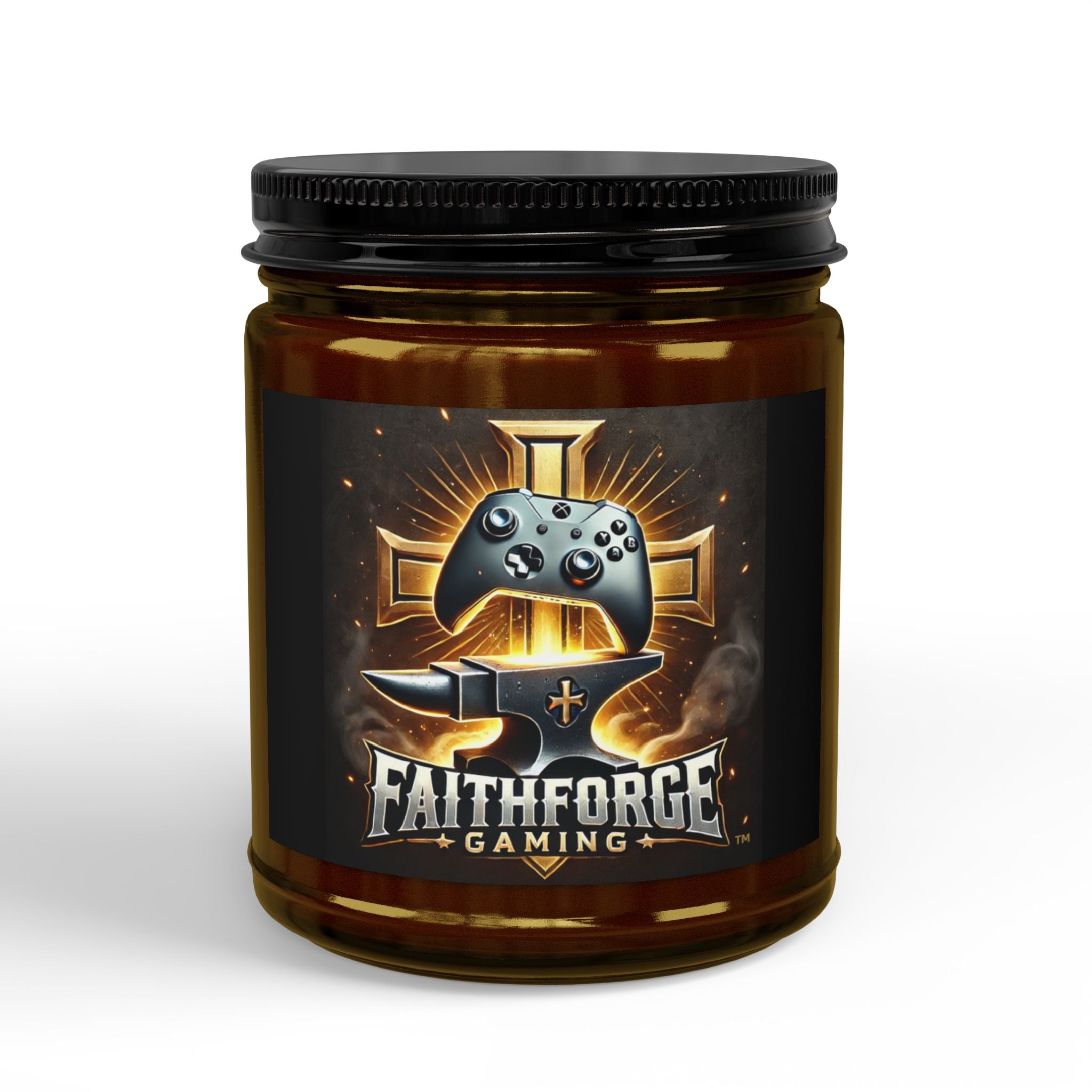 FaithForge Gaming Scented Soy Candle — Amber Jar with Black Lid (4oz & 9oz)