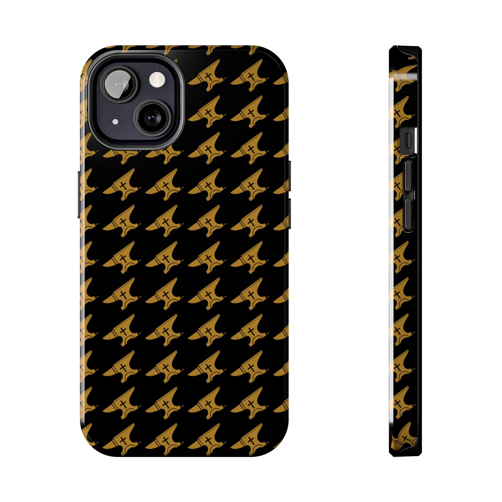 Gold Anvil Pattern Tough Phone Case — Durable Black & Metallic Repeat Design