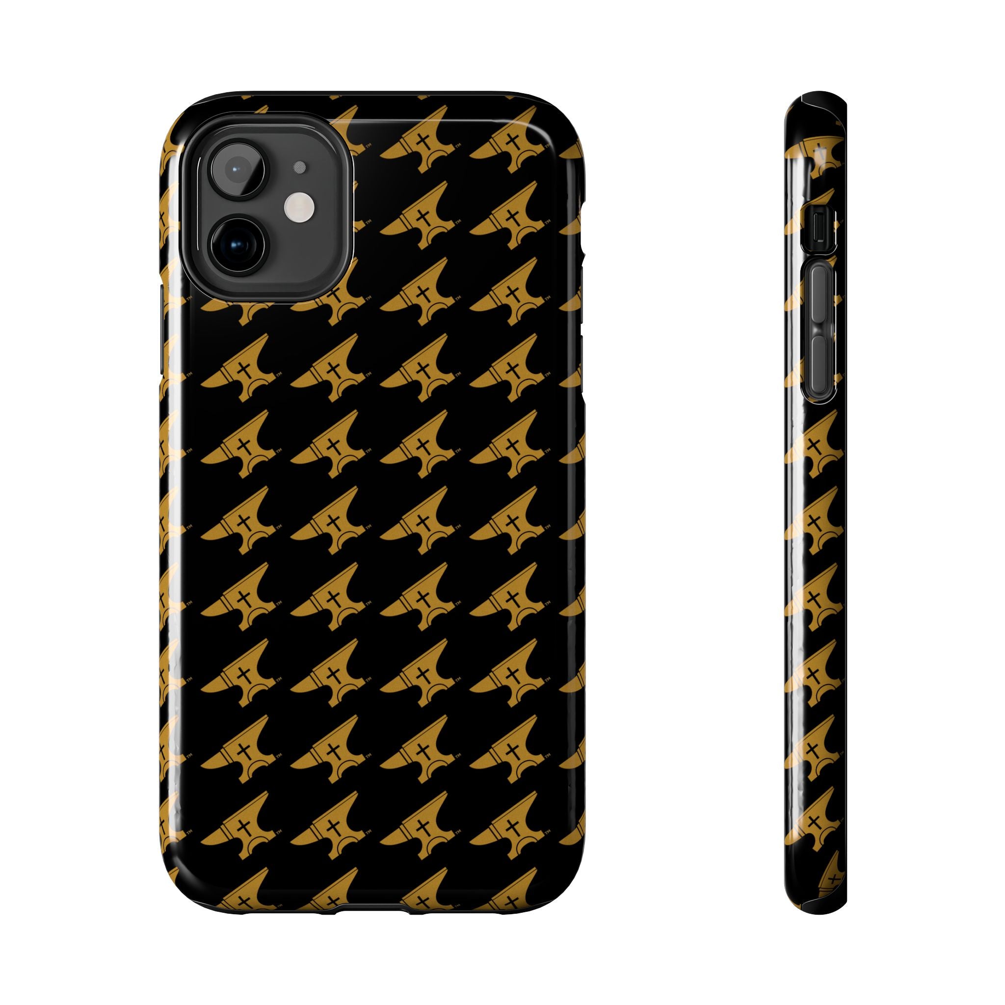 Gold Anvil Pattern Tough Phone Case — Durable Black & Metallic Repeat Design