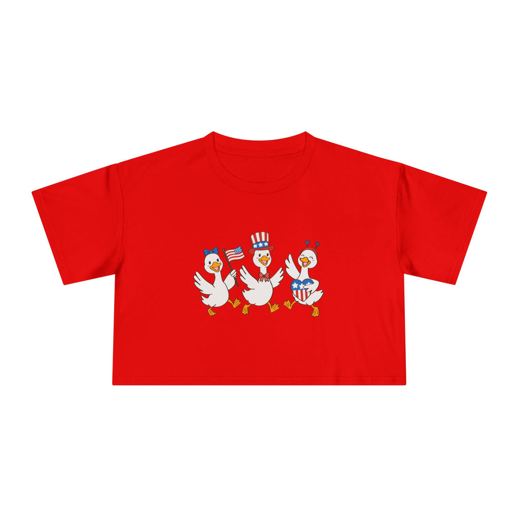 Patriotic Dancing Ducks Women's Crop Tee — 4th of July Cute Flag Design