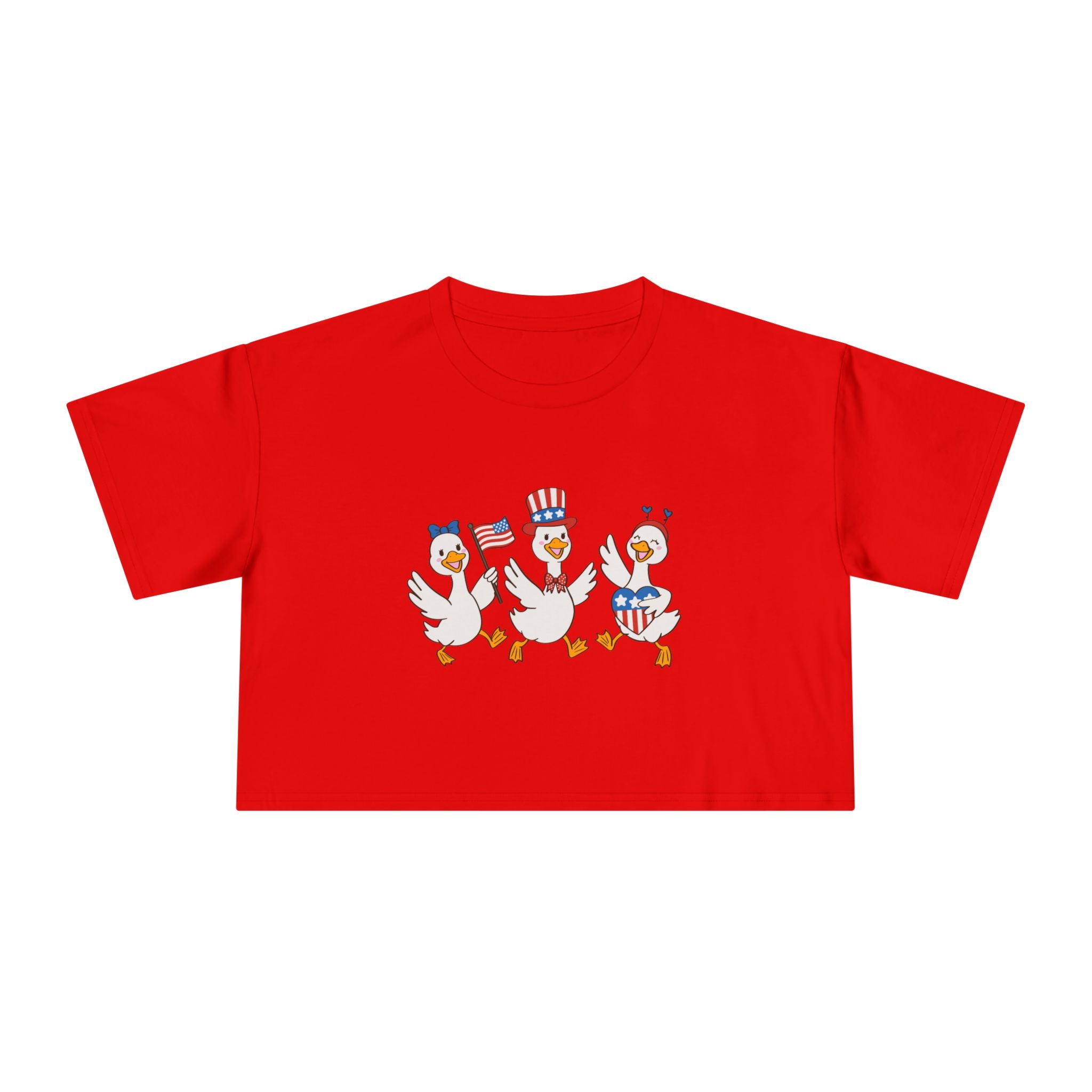 Patriotic Dancing Ducks Women's Crop Tee — 4th of July Cute Flag Design