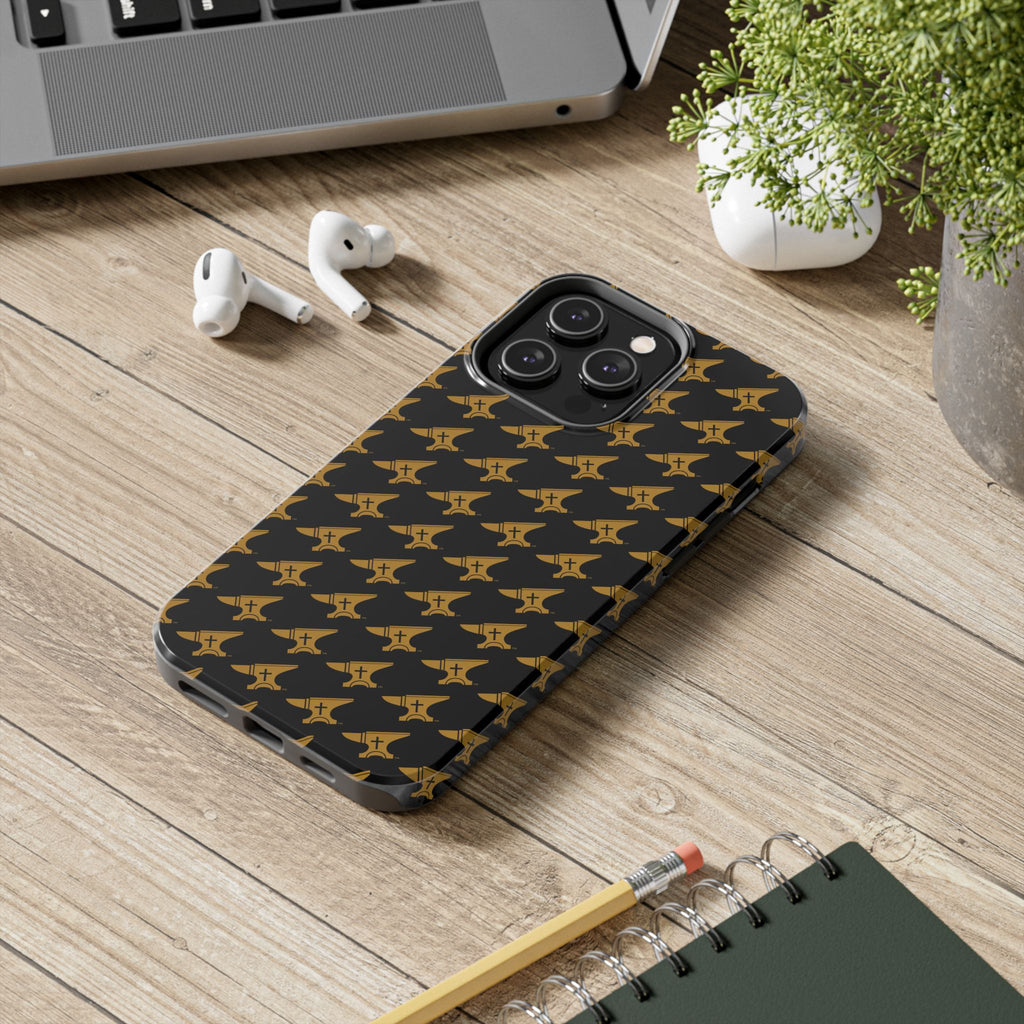 Gold Anvil Pattern Tough Phone Case — Durable Black & Metallic Repeat Design