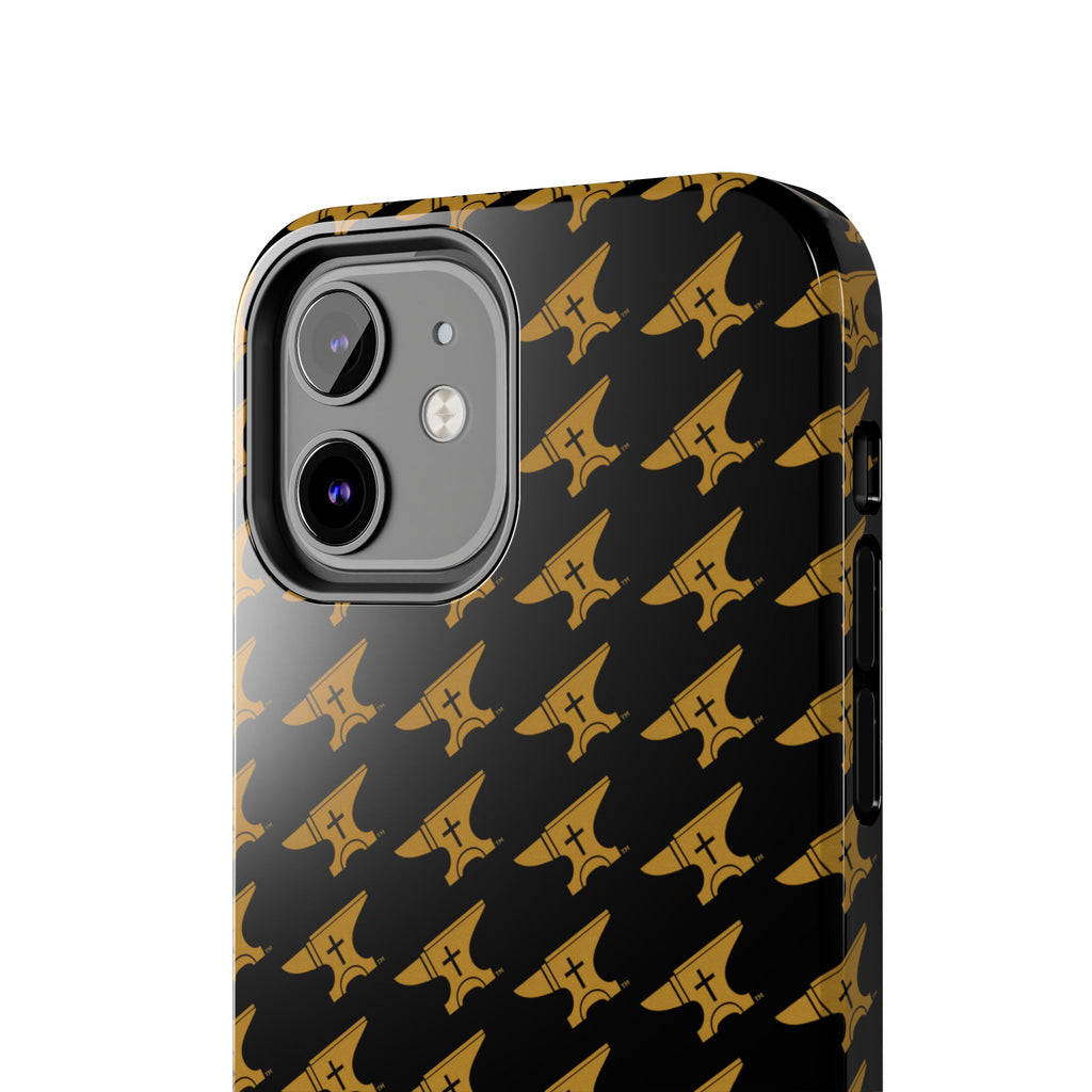 Gold Anvil Pattern Tough Phone Case — Durable Black & Metallic Repeat Design
