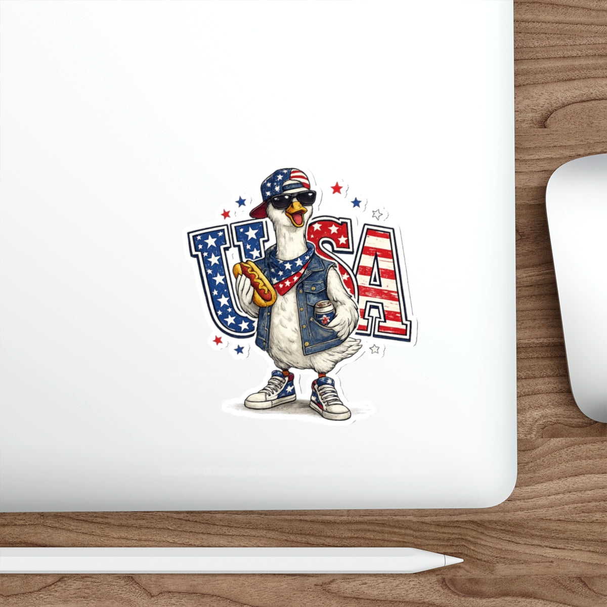 Patriotic GooseUSA Die-Cut Sticker — Funny American Flag Goose with Sunglasses & Hot Dog