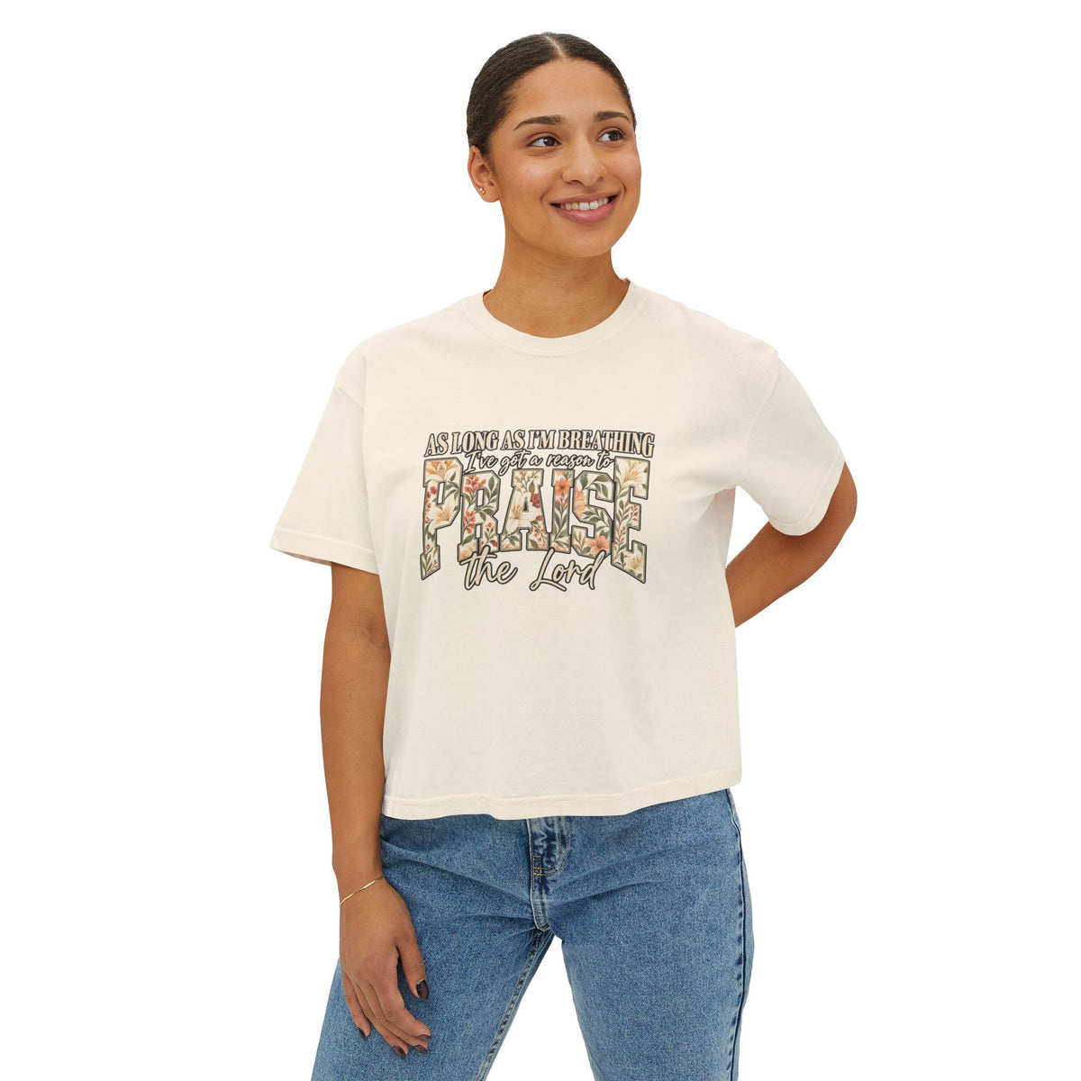Women's Boxy Tee – Floral “Praise” Graphic Shirt