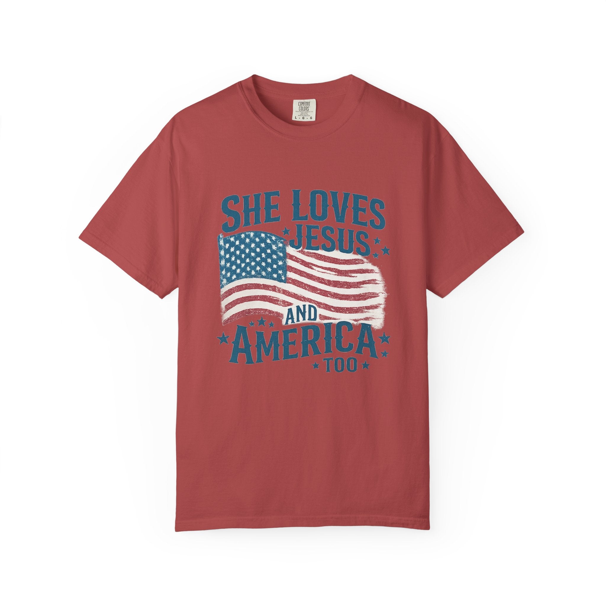 She Loves Jesus and America T-Shirt — Patriotic Christian Flag Tee
