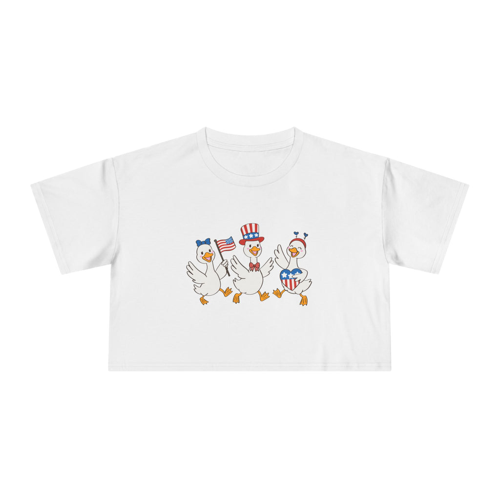 Patriotic Dancing Ducks Women's Crop Tee — 4th of July Cute Flag Design