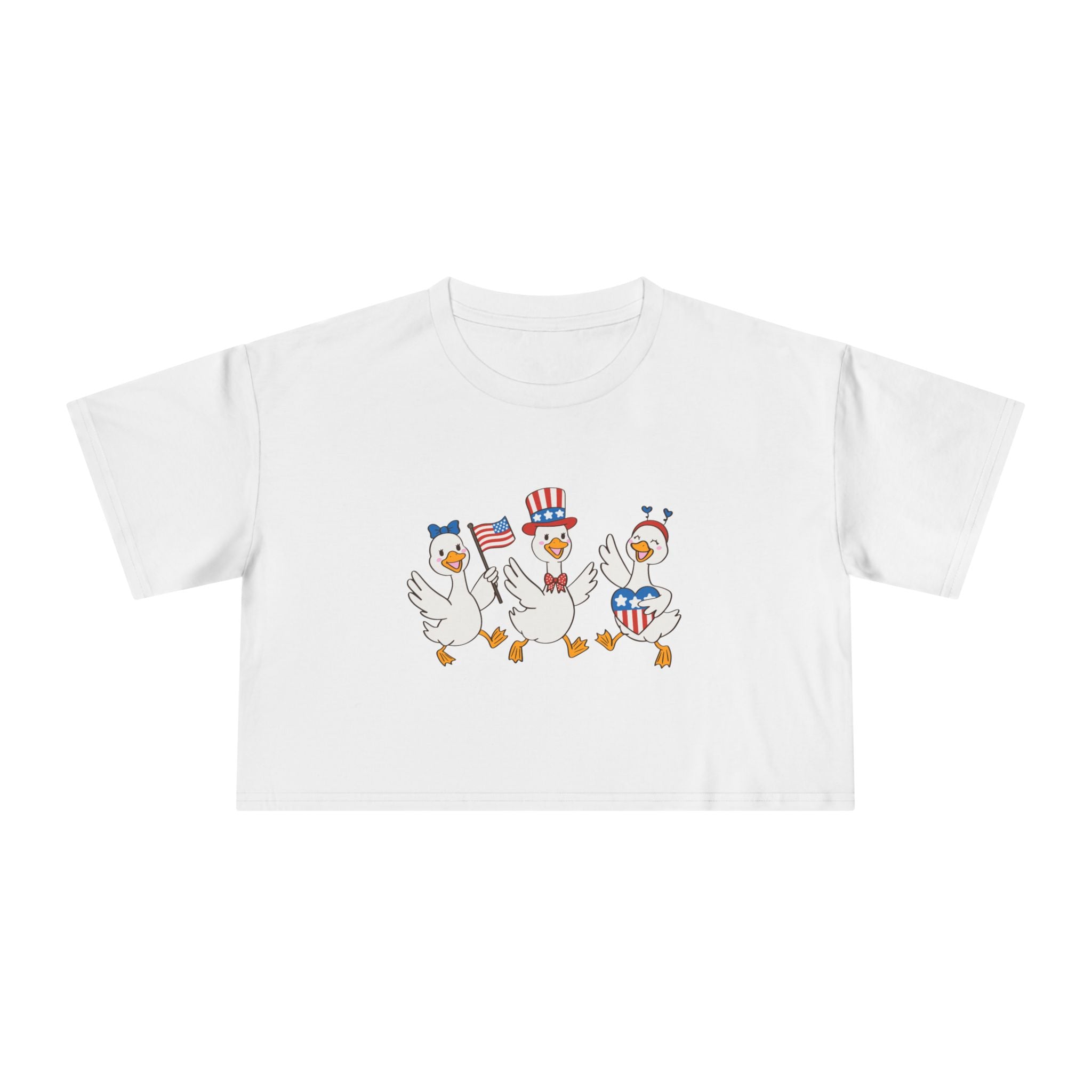Patriotic Dancing Ducks Women's Crop Tee — 4th of July Cute Flag Design