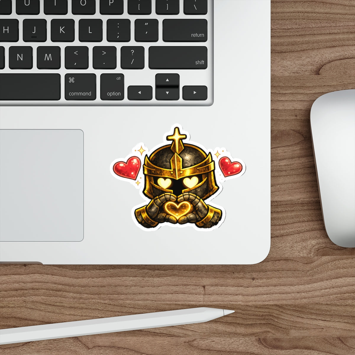Knight Heart Die-Cut Sticker — Cute Armored Knight with Heart Hands