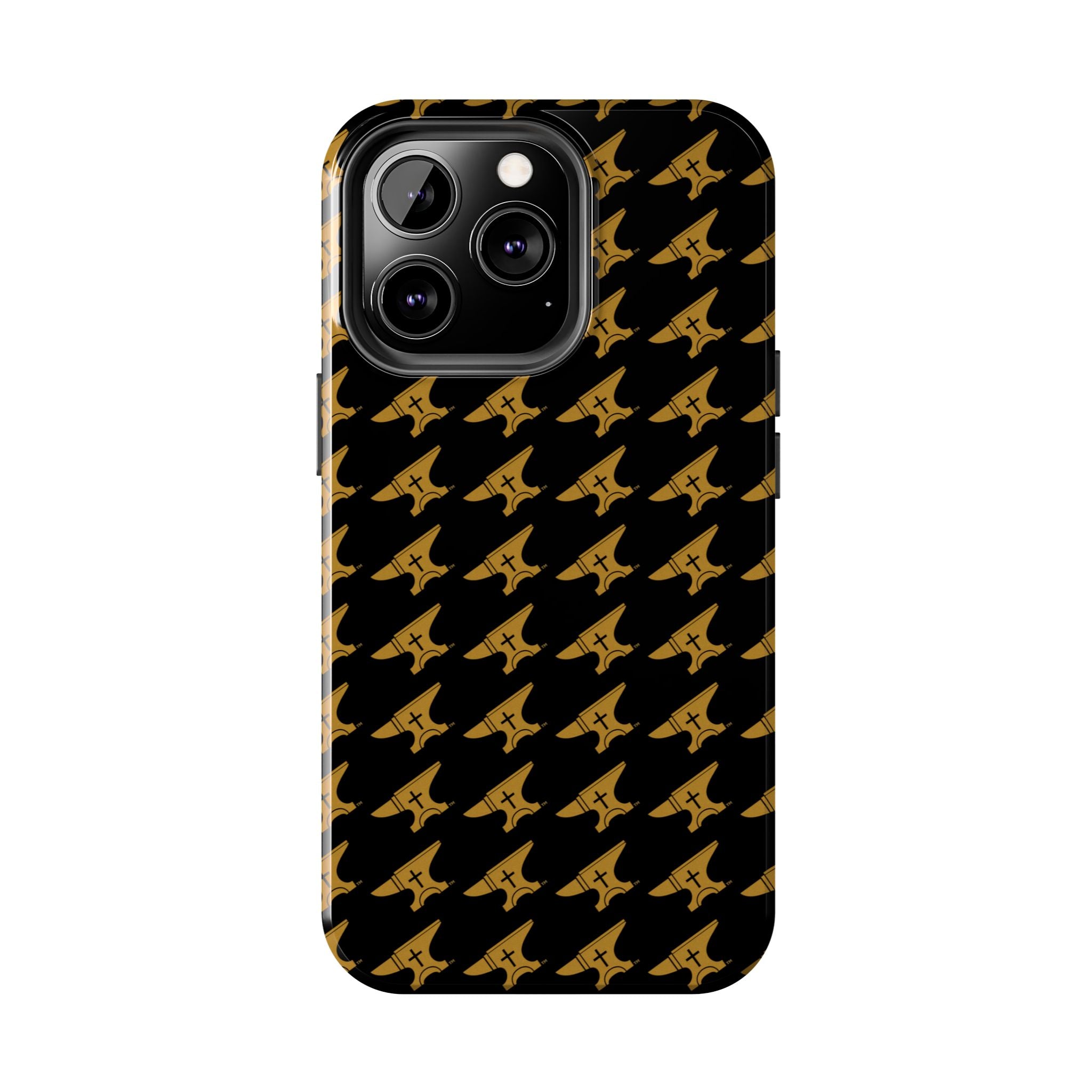 Gold Anvil Pattern Tough Phone Case — Durable Black & Metallic Repeat Design
