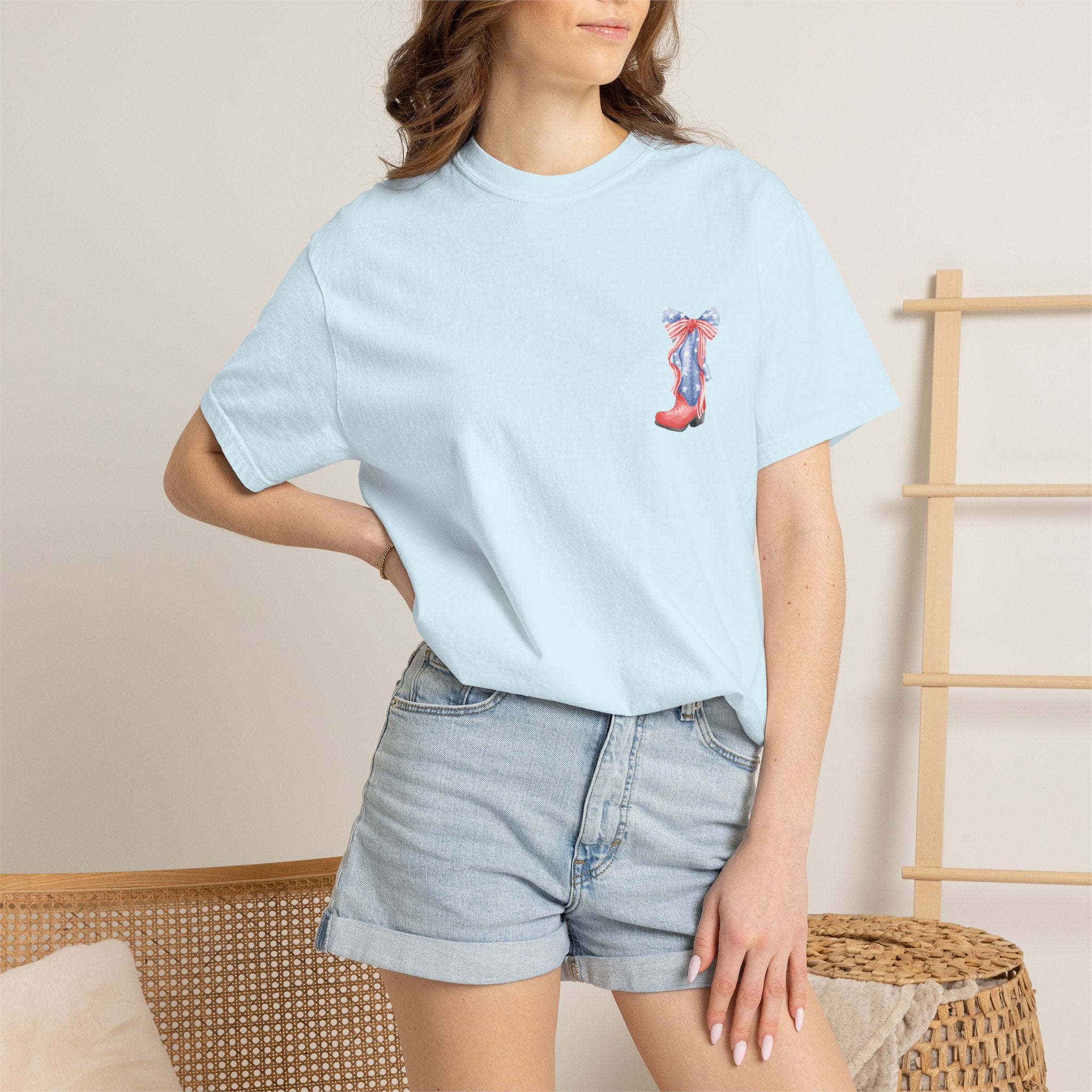 Patriotic Flag Bow T-Shirt — American Stars & Stripes Chest and Back Tee