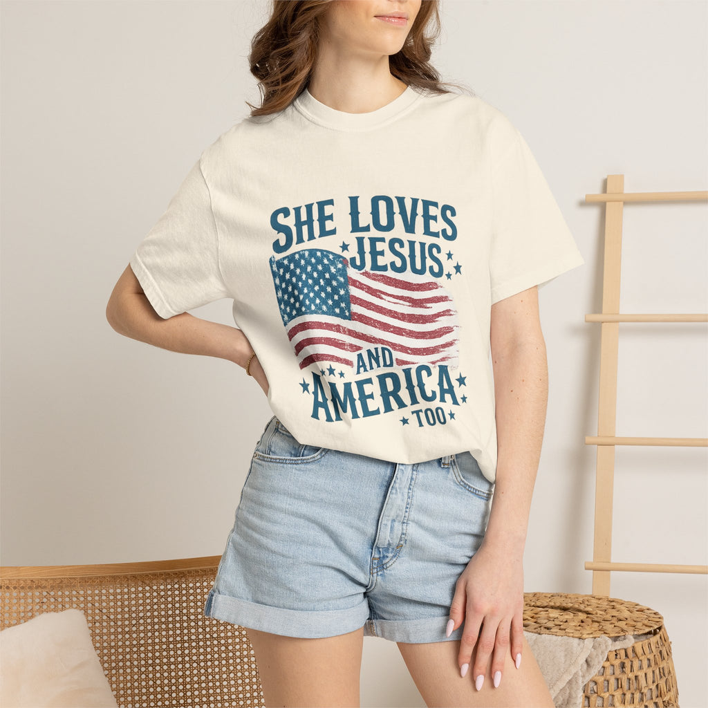 She Loves Jesus and America T-Shirt — Patriotic Christian Flag Tee