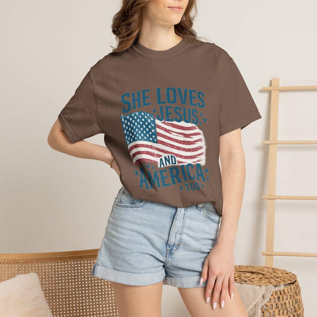 She Loves Jesus and America T-Shirt — Patriotic Christian Flag Tee