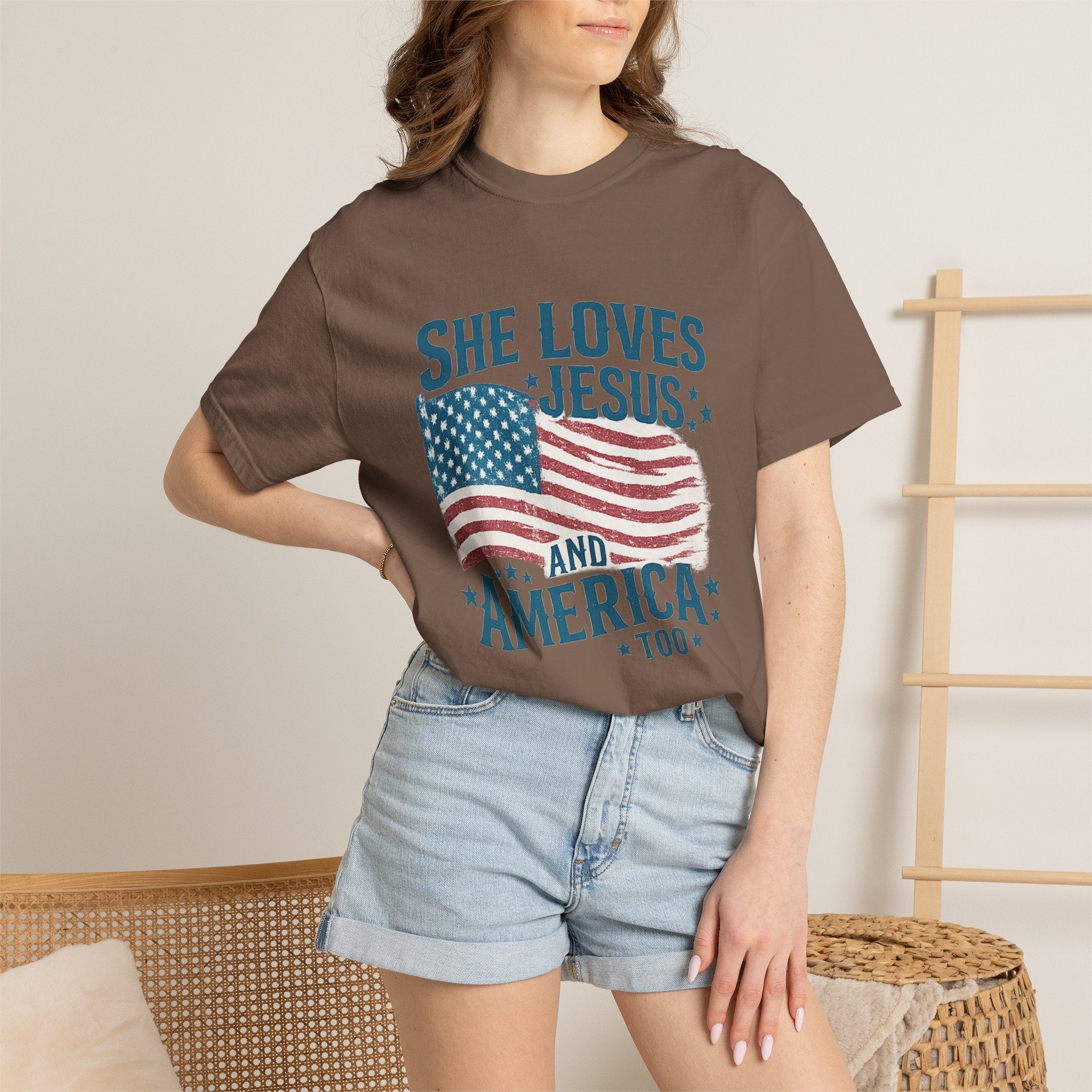 She Loves Jesus and America T-Shirt — Patriotic Christian Flag Tee