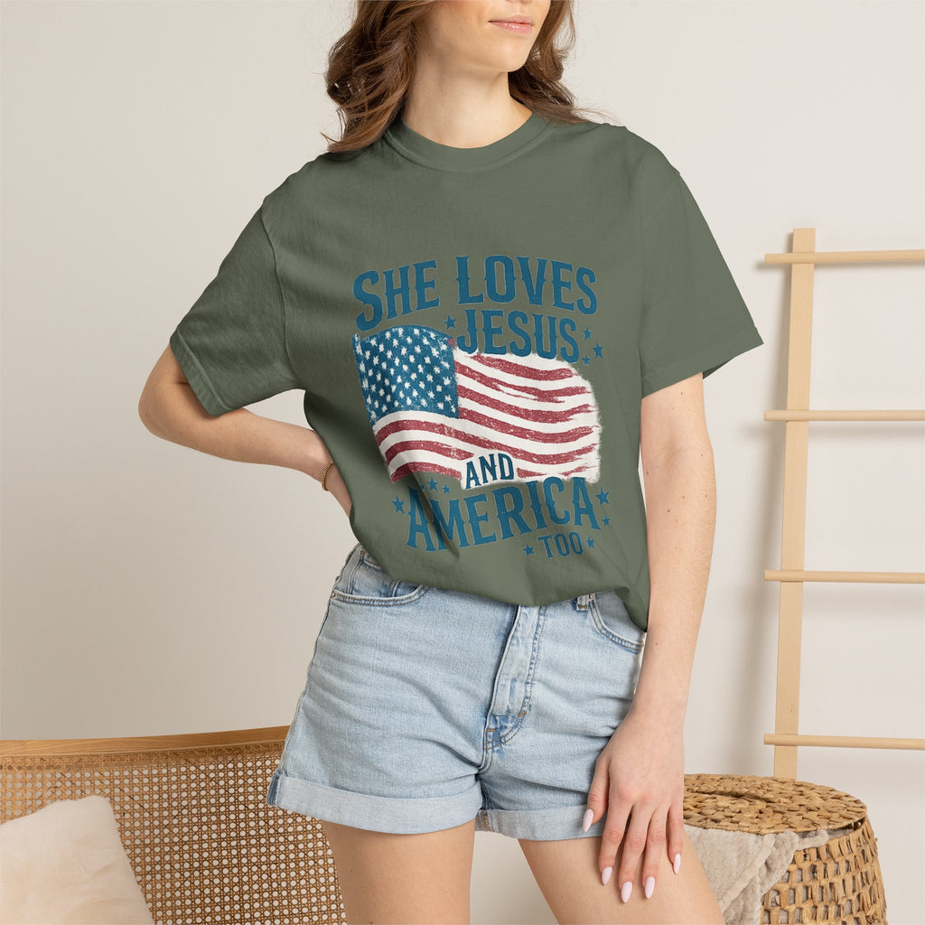 She Loves Jesus and America T-Shirt — Patriotic Christian Flag Tee