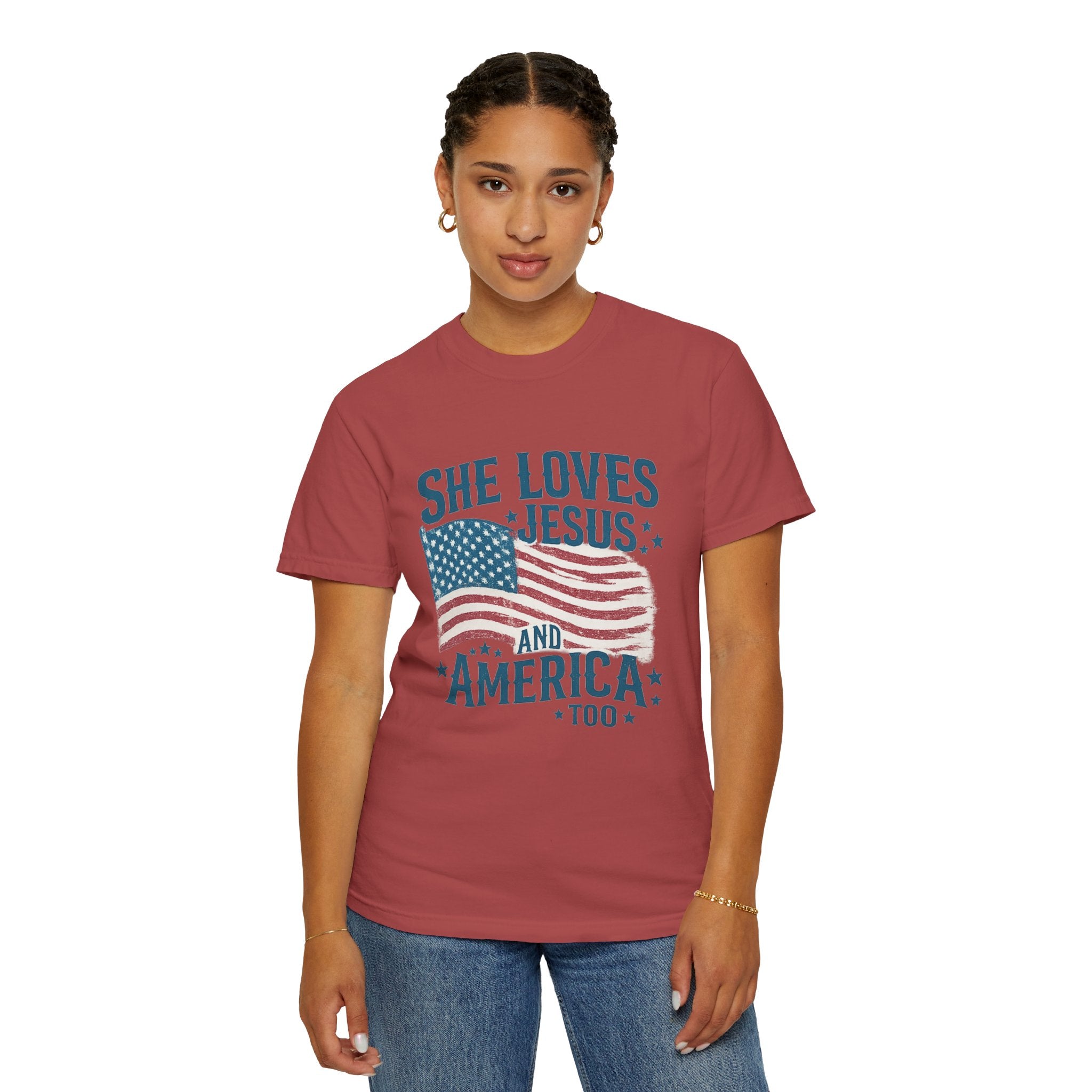 She Loves Jesus and America T-Shirt — Patriotic Christian Flag Tee