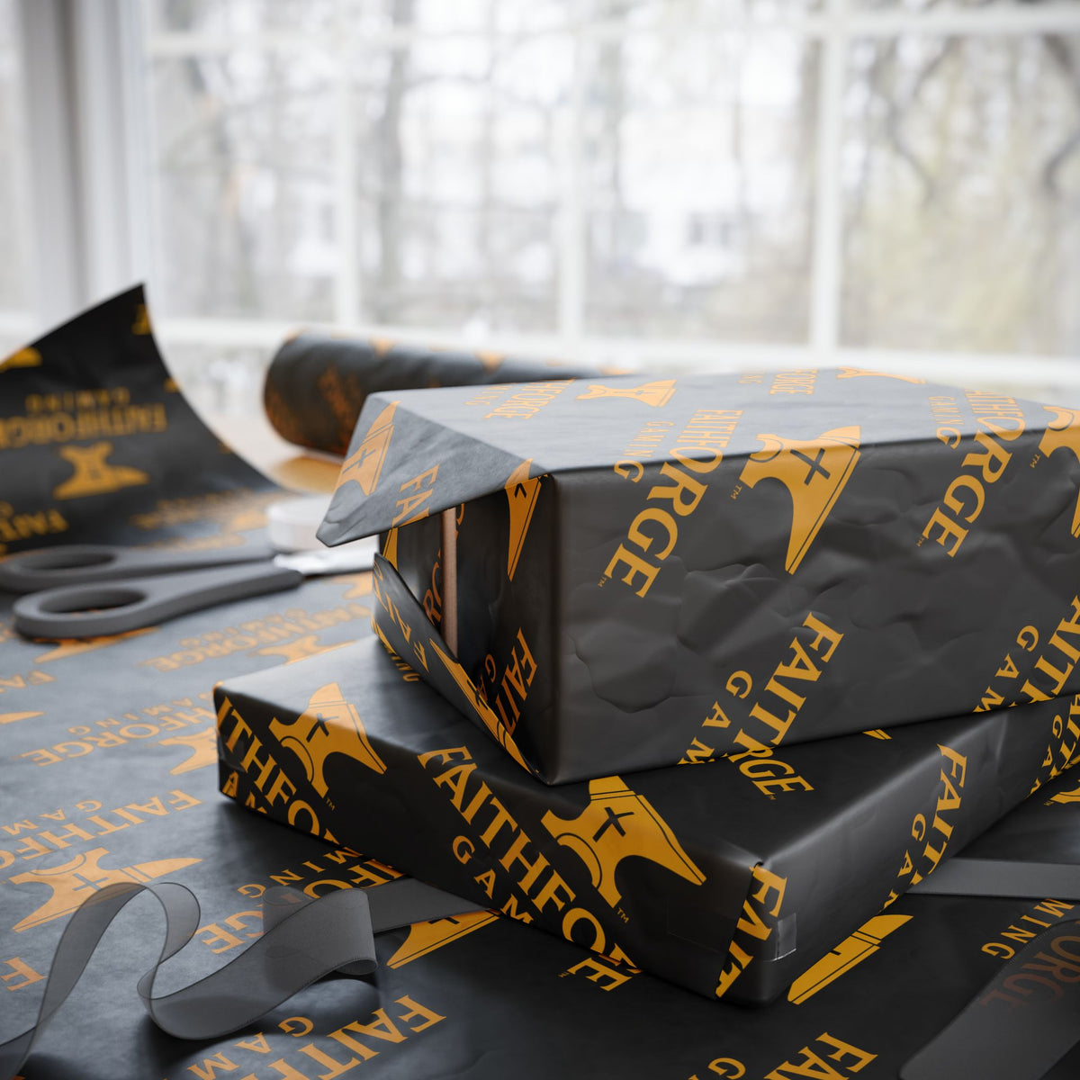 FFG Logo Wrapping Paper – Black & Gold "Faithforge Gaming" Design