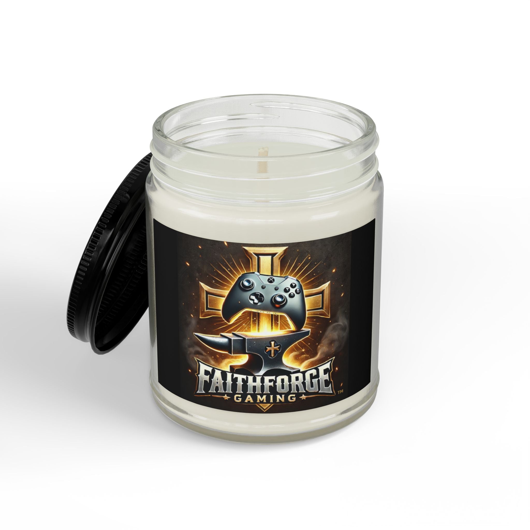 FaithForge Gaming Scented Soy Candle — Amber Jar with Black Lid (4oz & 9oz)