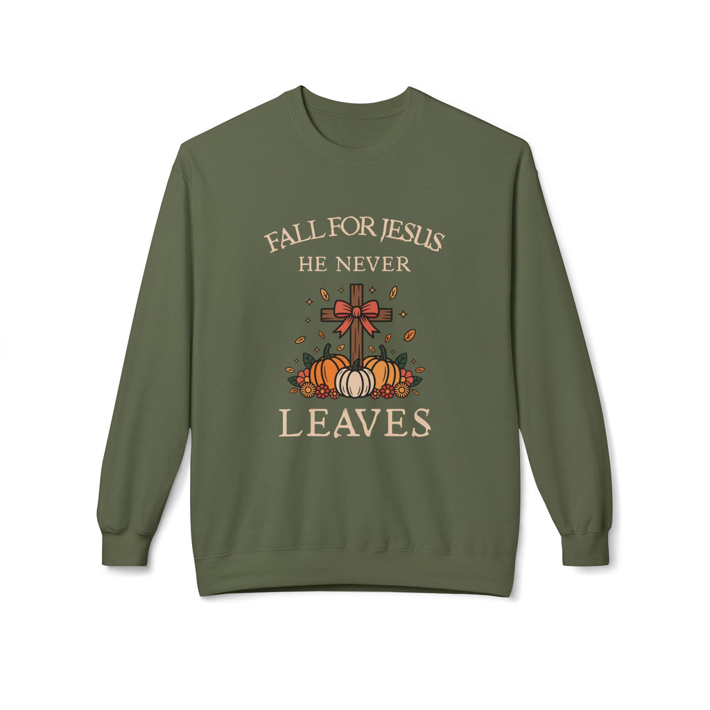Christian Fall Sweatshirt — "Fall for Jesus He Never Leaves" Crewneck