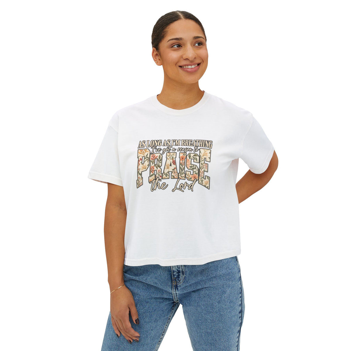 Women's Boxy Tee – Floral “Praise” Graphic Shirt