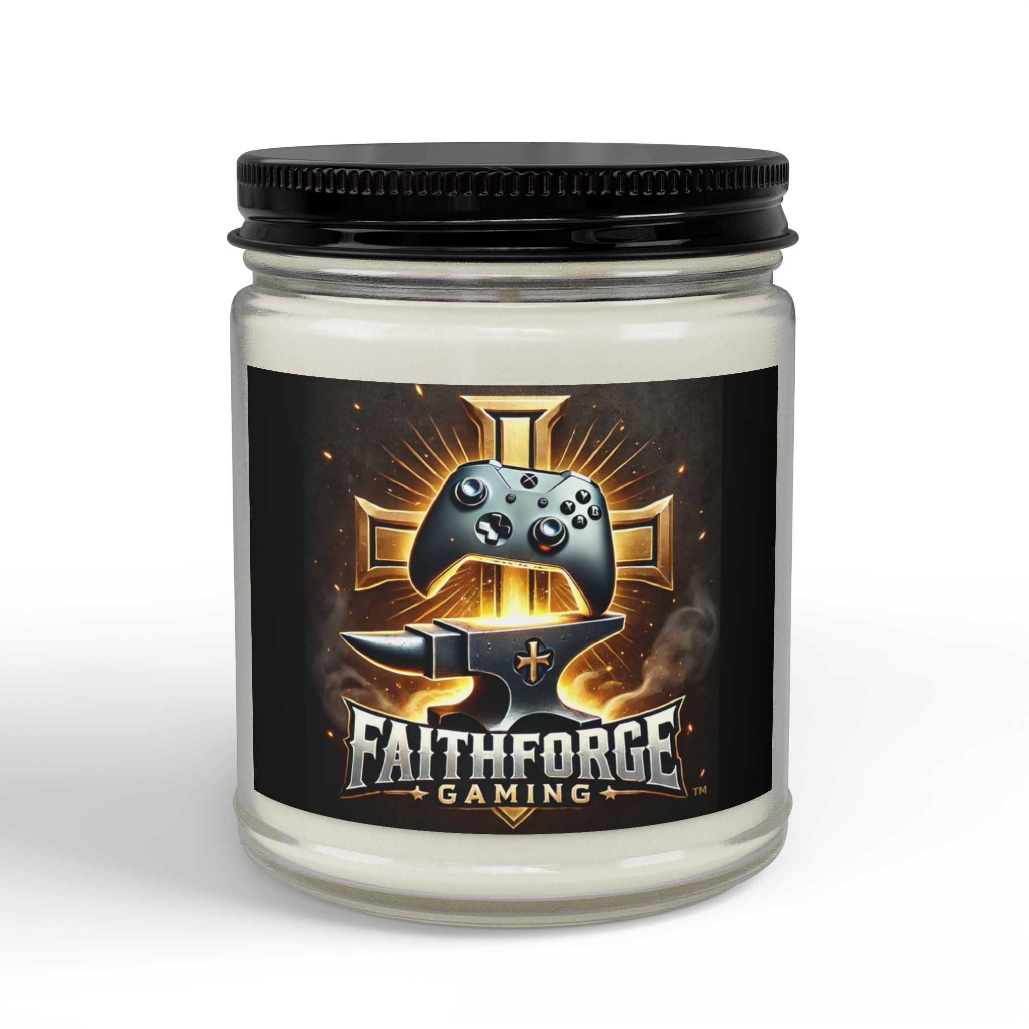 FaithForge Gaming Scented Soy Candle — Amber Jar with Black Lid (4oz & 9oz)
