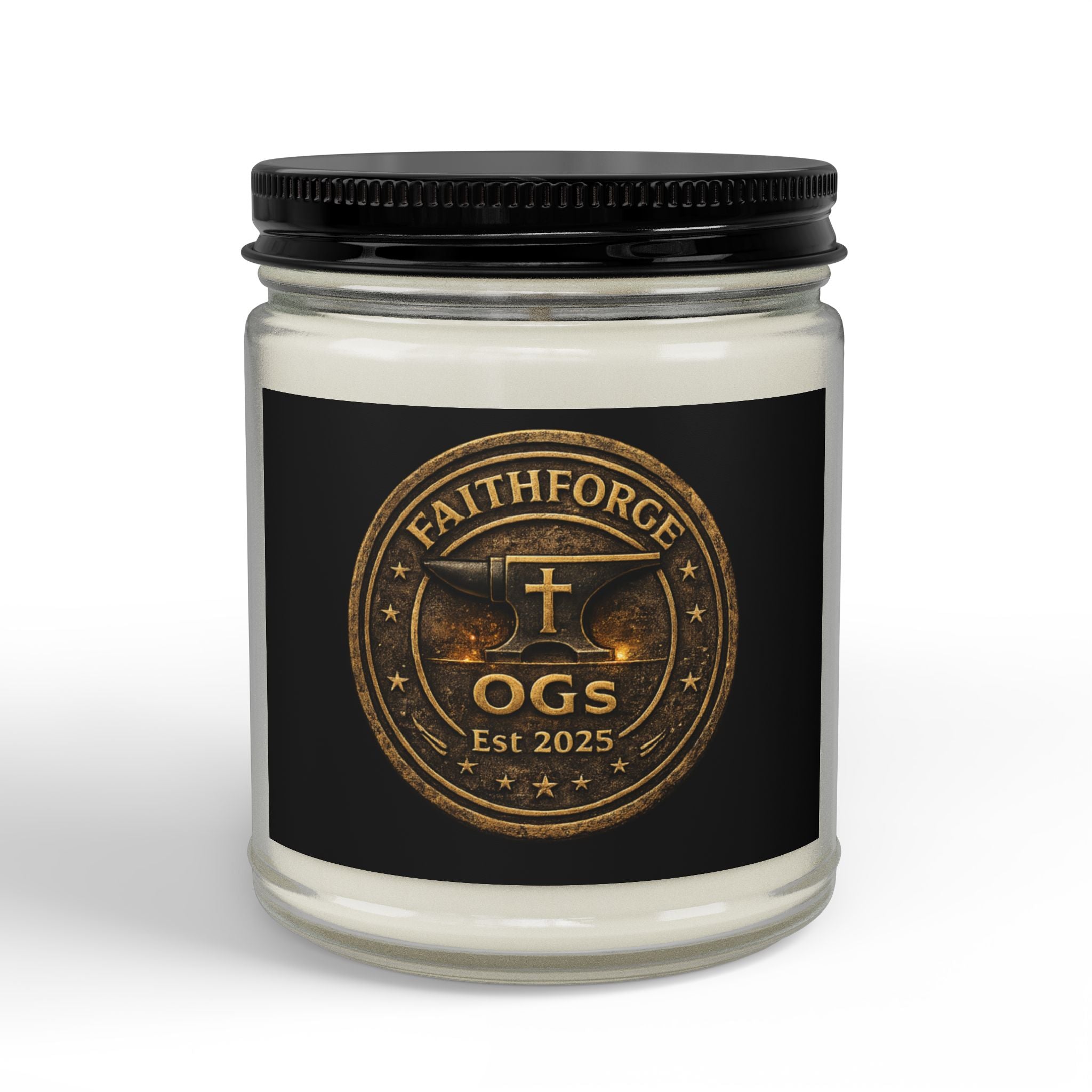 FaithForge Gaming Scented Soy Candle — Amber Jar with Black Lid (4oz & 9oz)