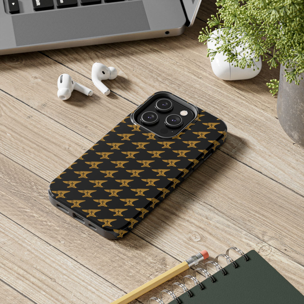 Gold Anvil Pattern Tough Phone Case — Durable Black & Metallic Repeat Design
