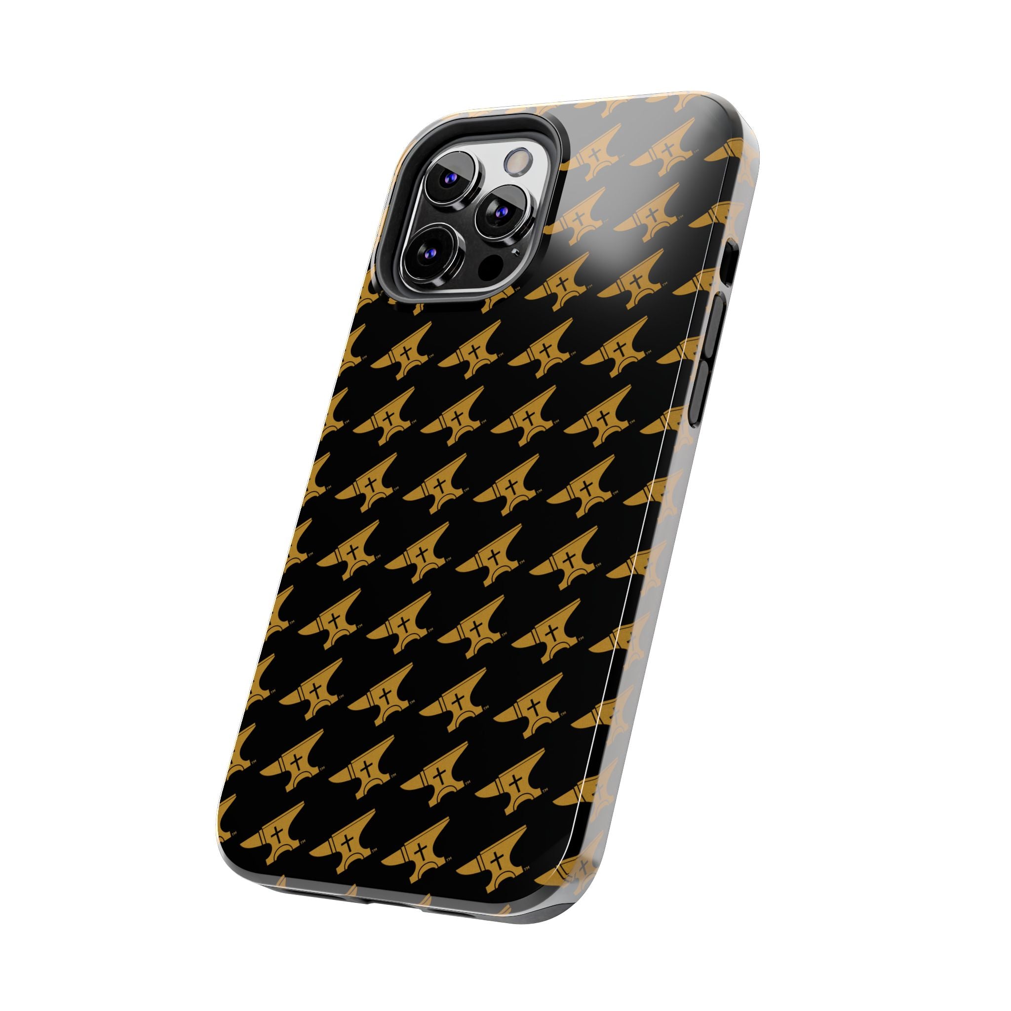 Gold Anvil Pattern Tough Phone Case — Durable Black & Metallic Repeat Design