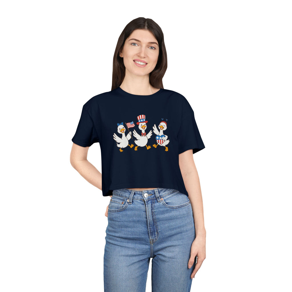 Patriotic Dancing Ducks Women's Crop Tee — 4th of July Cute Flag Design
