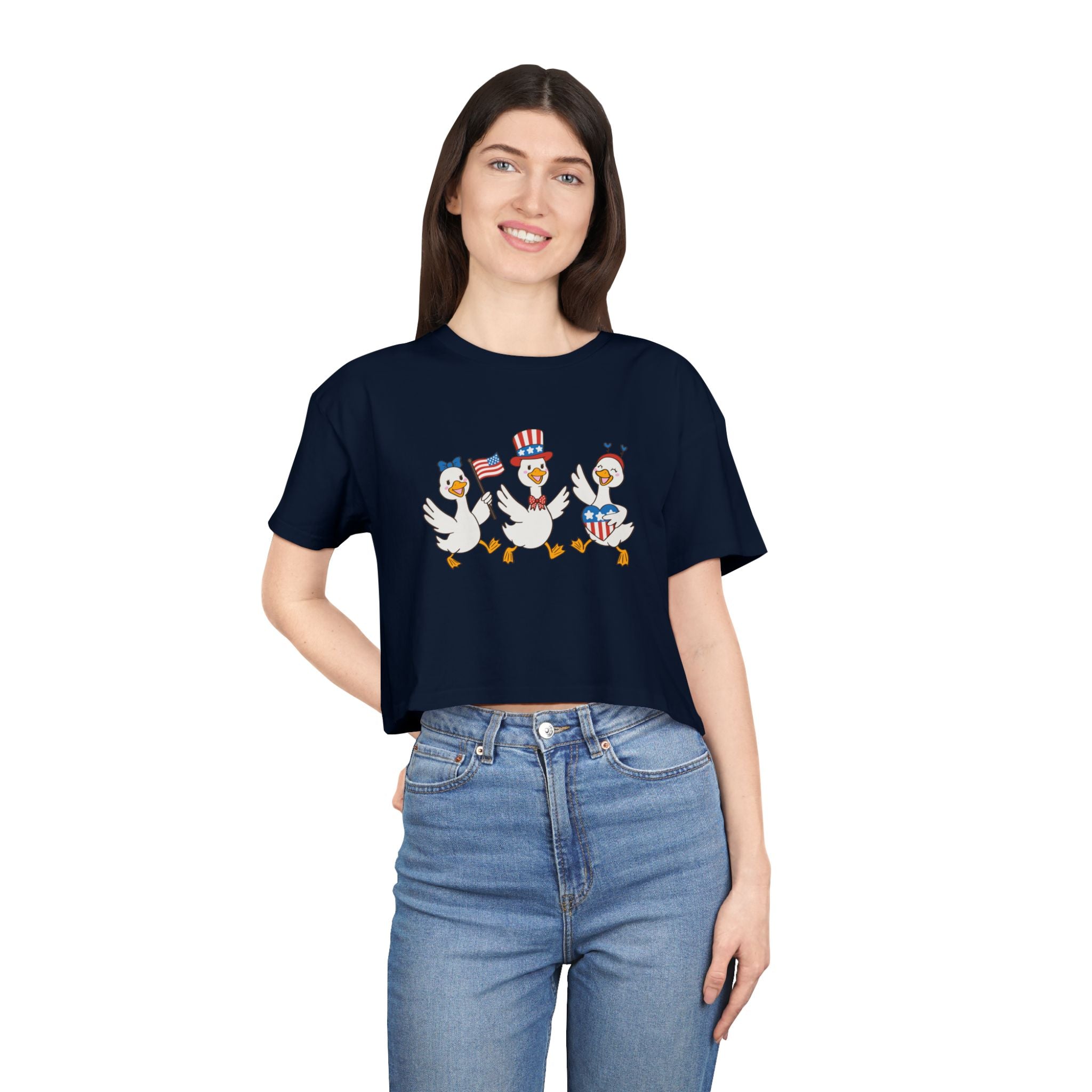 Patriotic Dancing Ducks Women's Crop Tee — 4th of July Cute Flag Design