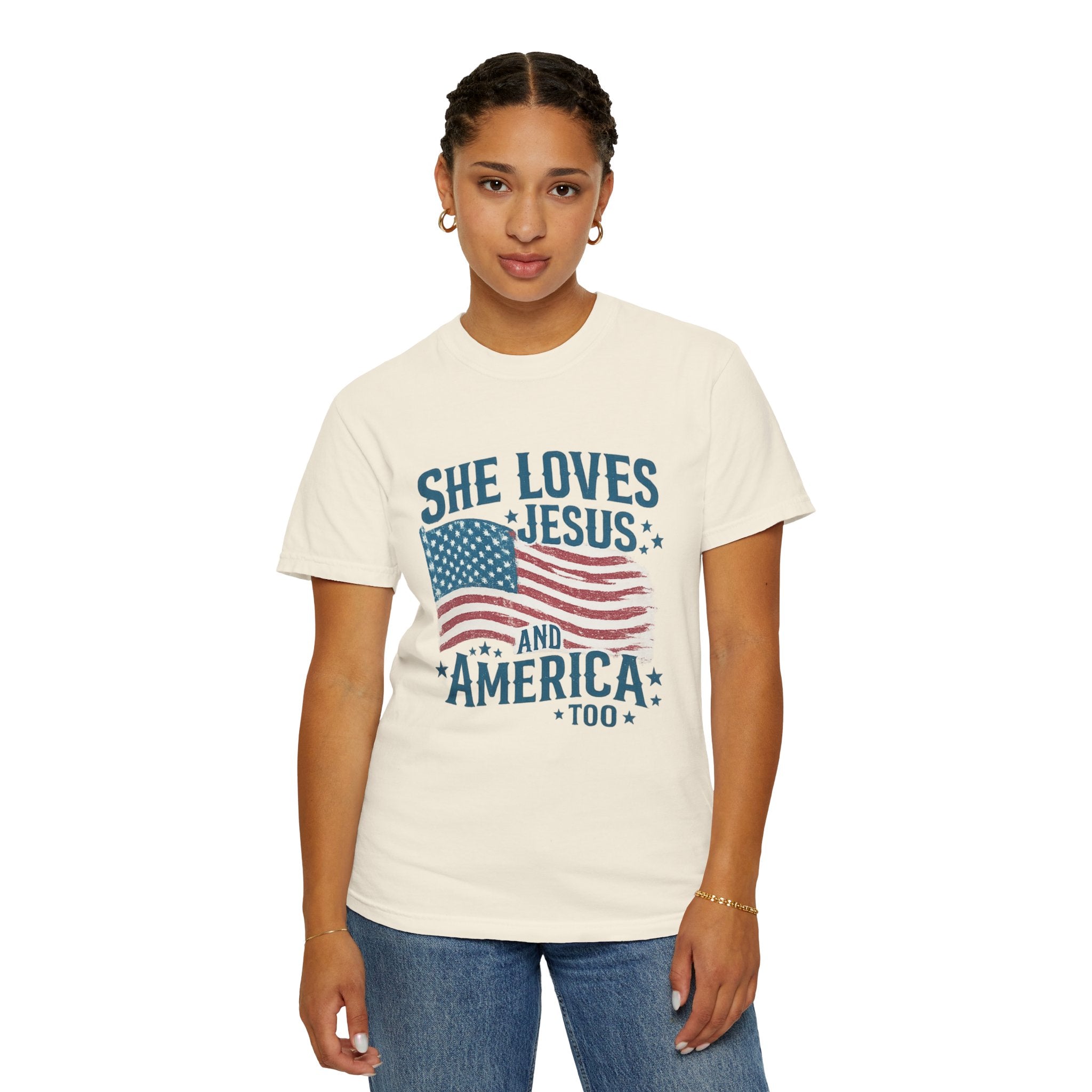 She Loves Jesus and America T-Shirt — Patriotic Christian Flag Tee
