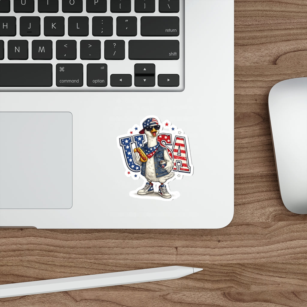 Patriotic GooseUSA Die-Cut Sticker — Funny American Flag Goose with Sunglasses & Hot Dog