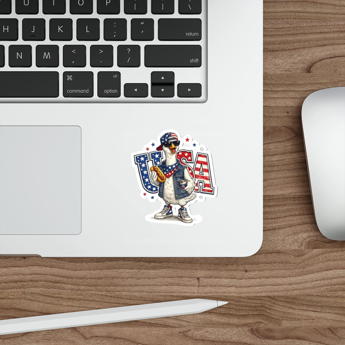 Patriotic GooseUSA Die-Cut Sticker — Funny American Flag Goose with Sunglasses & Hot Dog