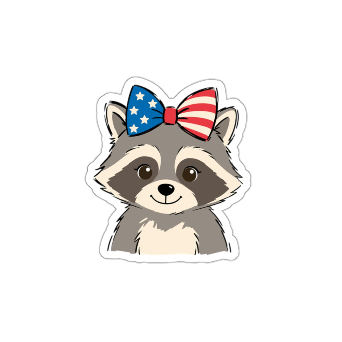 Patriotic Raccoon Die-Cut Sticker — Cute USA Flag Bow Decal for Laptops, Water Bottles & Notebooks
