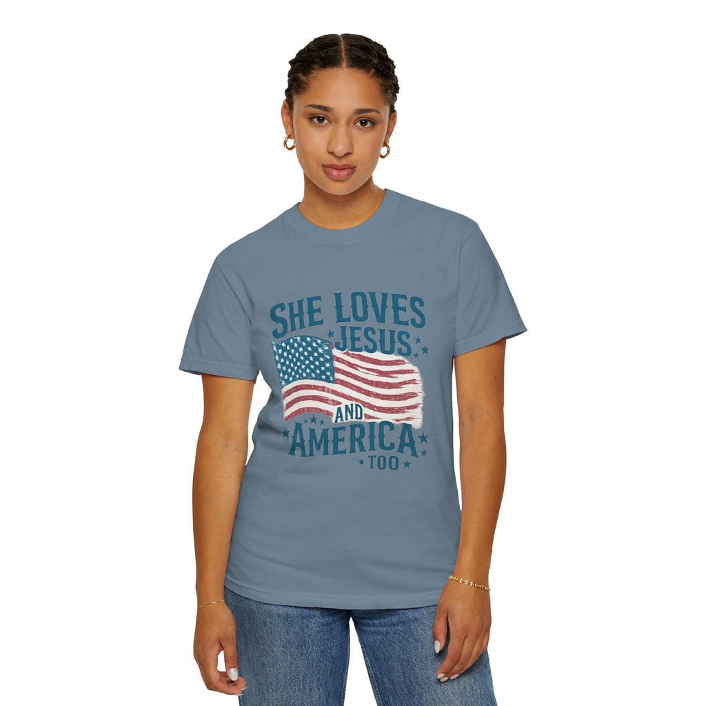 She Loves Jesus and America T-Shirt — Patriotic Christian Flag Tee