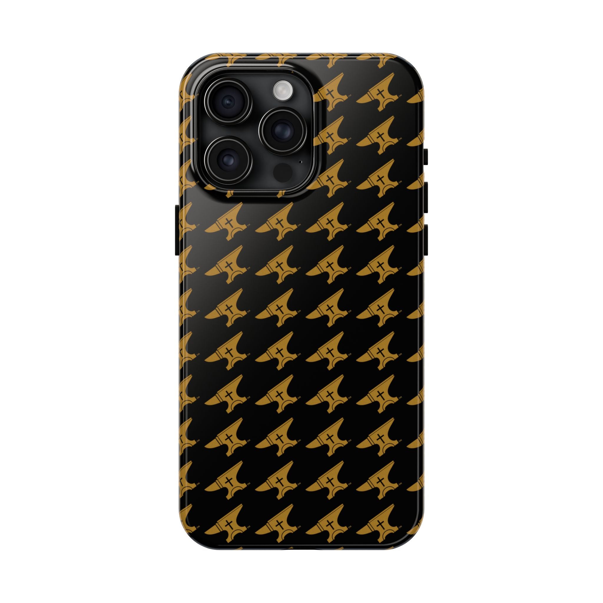 Gold Anvil Pattern Tough Phone Case — Durable Black & Metallic Repeat Design