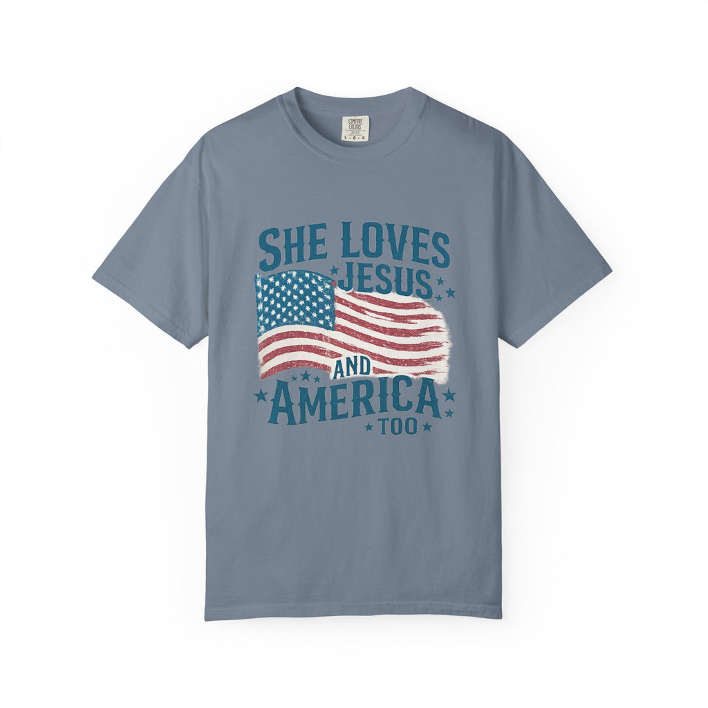 She Loves Jesus and America T-Shirt — Patriotic Christian Flag Tee