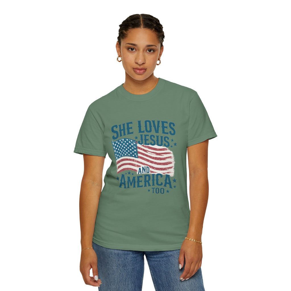 She Loves Jesus and America T-Shirt — Patriotic Christian Flag Tee