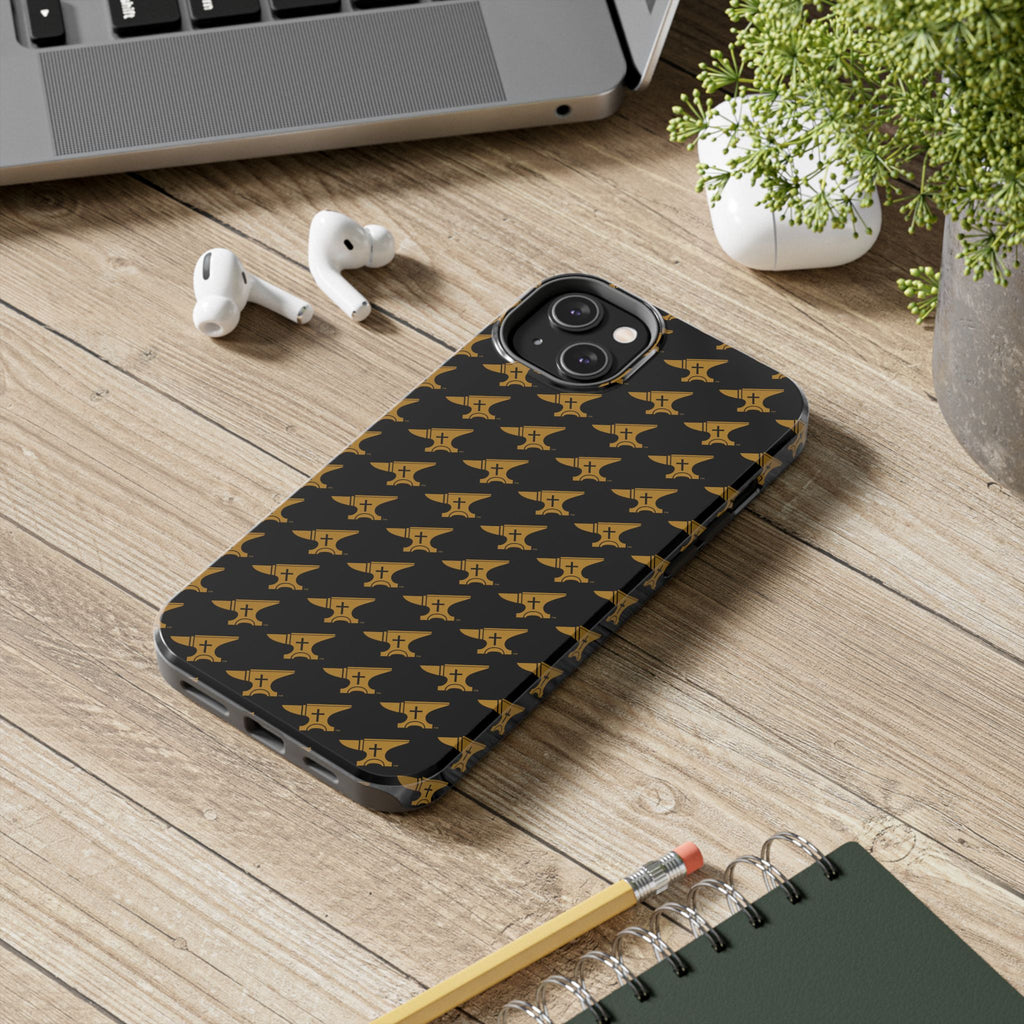Gold Anvil Pattern Tough Phone Case — Durable Black & Metallic Repeat Design