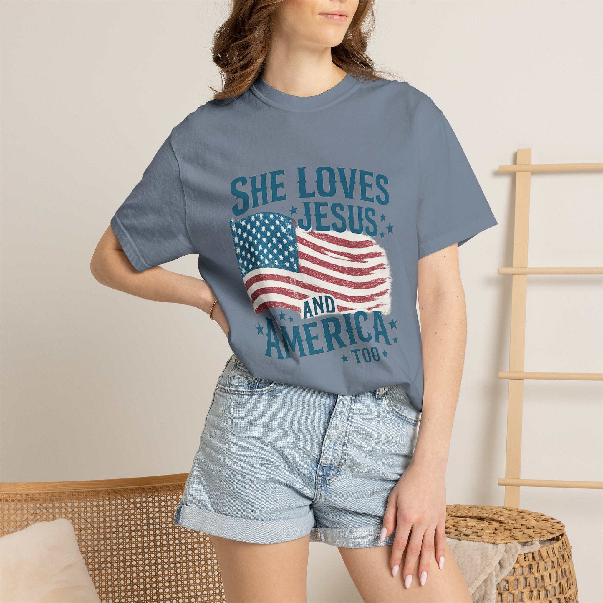 She Loves Jesus and America T-Shirt — Patriotic Christian Flag Tee