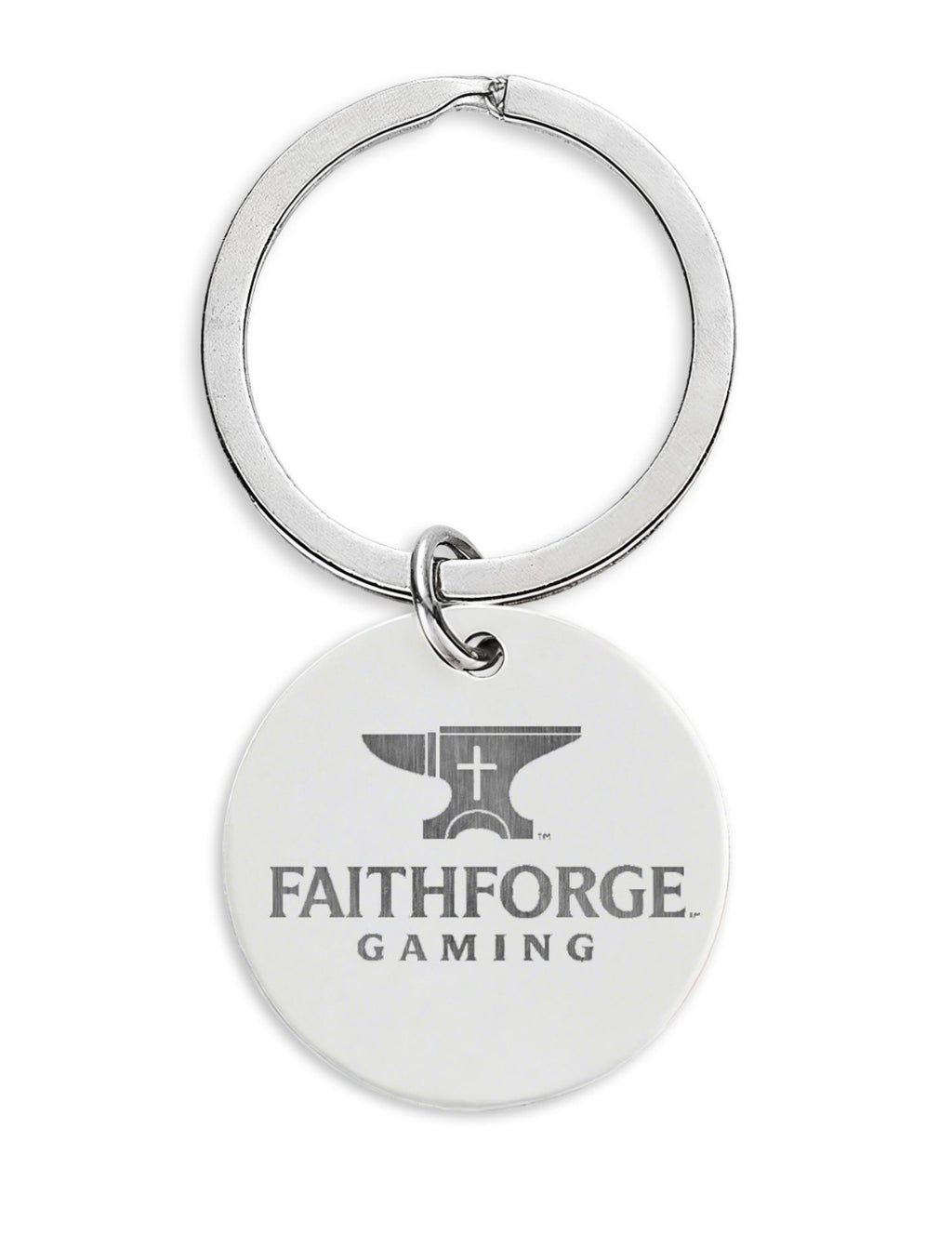 Engraved Stainless Steel Round Keychain – FaithForge Gaming Logo & QR Code