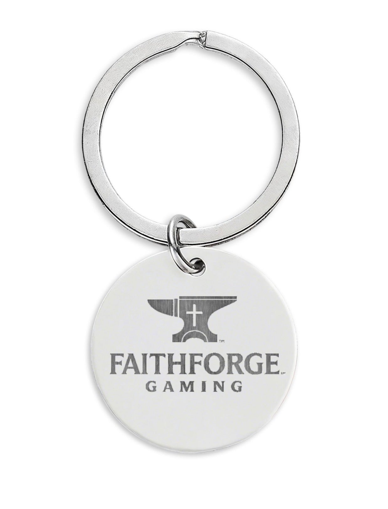 Engraved Stainless Steel Round Keychain – FaithForge Gaming Logo & QR Code
