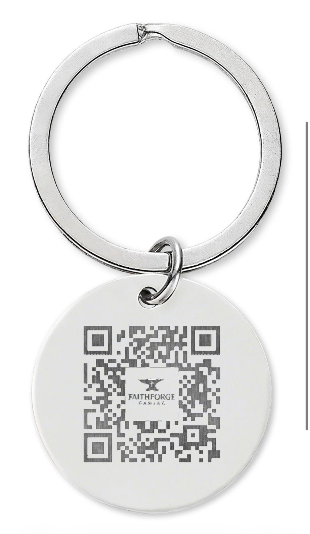 Engraved Stainless Steel Round Keychain – FaithForge Gaming Logo & QR Code